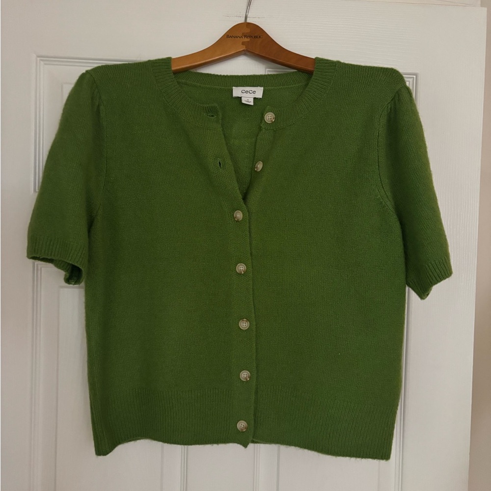 CeCe Short-Sleeve Button-Up Sweater in Green